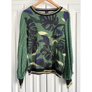 Blank London Anthropologie Blouse XS Green Tropical Eyelet Balloon Sleeves